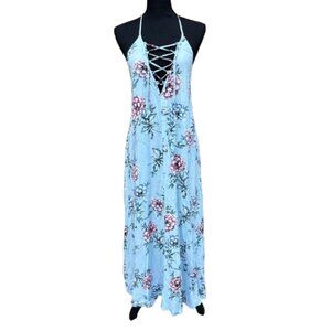 Show Me Your MuMu Logan Lace Up Maxi Dress Small Blue Floral Beachy USA Made